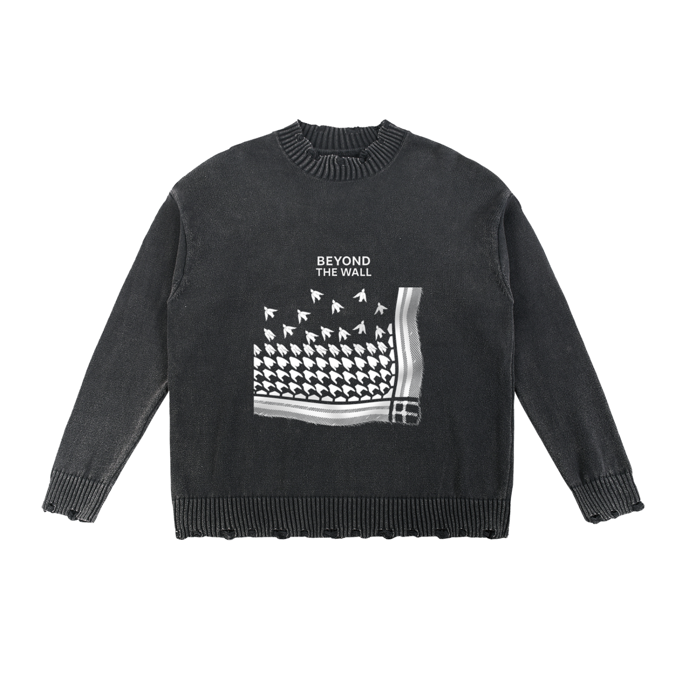 Black sweater with graphic design and text 'BEYOND THE WALL' on a white background