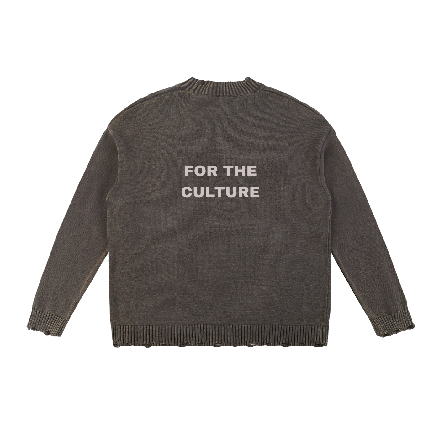 Brown sweater with 'FOR THE CULTURE' text on the back against a white background
