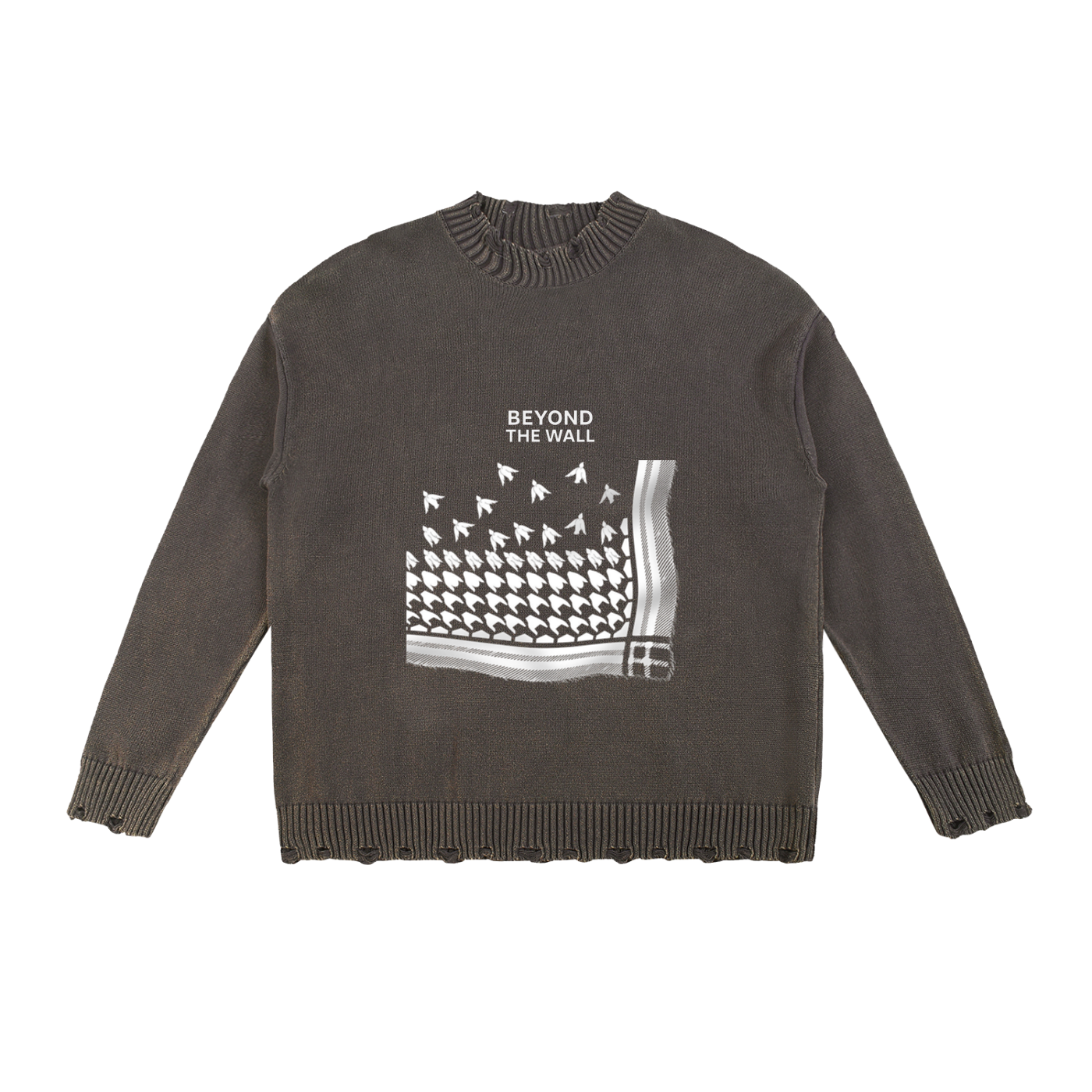 Brown sweater with graphic design and 'Beyond the Wall' text on a white background